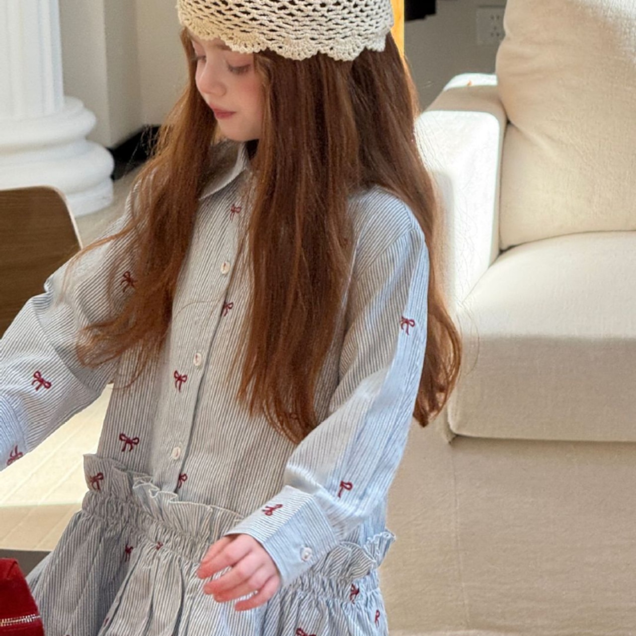 春リボン刺しゅうシャツワンピース