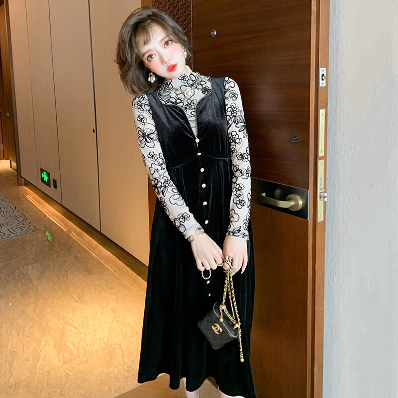 ジャカードスタンドカラーカラーベルベットドレス オータムスタイル 秋物 ステッチ MIUCO81400221360