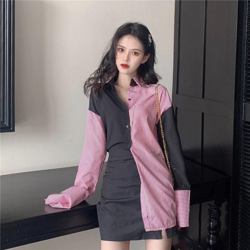 ストライプシャツ ルーズリング レーススプリング ロング 春物 指輪 ステッチ ドラファッションホール37544394447