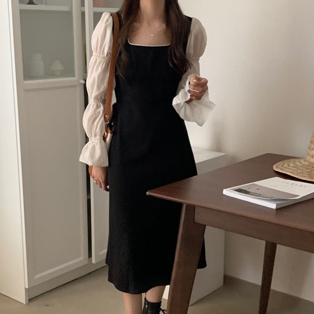 パーティードレス 二次会 結婚式 ワンピース 膝下 ミモレ ミモレ丈 袖あり 長袖 ボリューム袖 スクエアネック セミフレア 切り替えデザイン ドッキング かわいい 大人可愛い きれいめ シンプル 大人 上品 おしゃれ お洒落 大人可愛い 大人女子 ラブリー キュート ガーリー クール エレガント モダン 白 ホワイト 黒 ブラック 大きいサイズ 無地 春 夏 秋 冬 オールシーズン オフィス ビジネス OL 通勤 学生 通学 デート お出かけ 10代 20代 30代 着回し 普段使い 重ね着 韓国