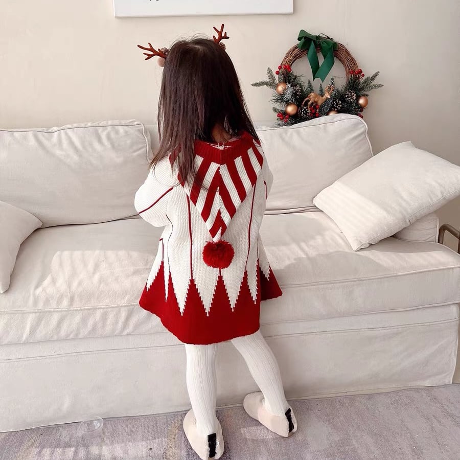 キッズ女の子クリスマスマント風長袖ニット セーター ポンポンフード