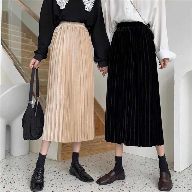 スカート レディースオータムウィンター薄手ベルベットハイウェストウェストブラックAライン 秋物 冬物 YY-ファッション35229255868