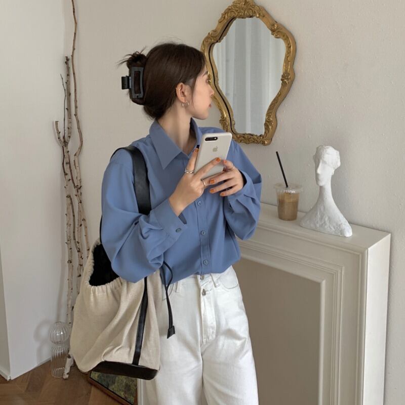 ブルーシャツ オータムルーズブラウス ロング 秋物 萌量不足33621594203