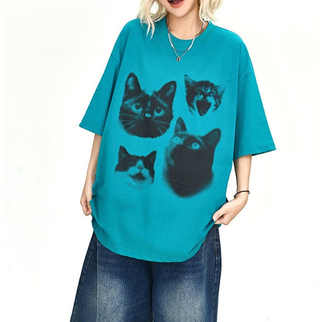 キャットモチーフドットグラフィックワイドシルエットTシャツ 2col   R02200