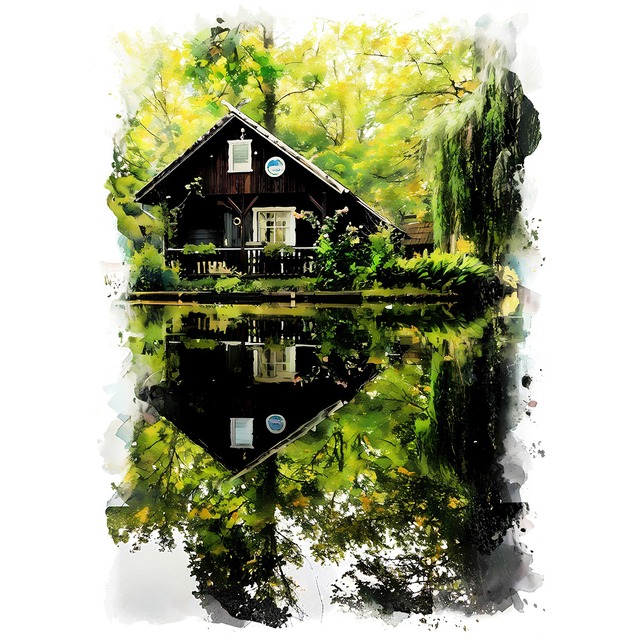 絵画 風景画(街並み)  ドイツ シュプレーヴァルトの小屋 インテリアアート額付き 水彩画・油絵風 WAT1070