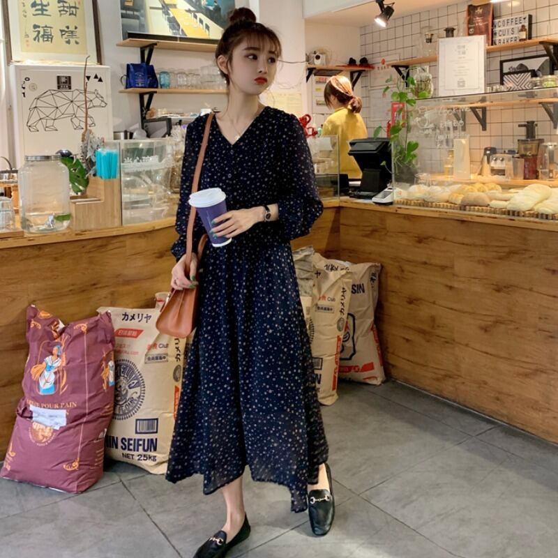 スプリングシフォンフローラルドレス スタンダードVネックAラインスカート ロング レトロ 春物 花柄 1号婦人17095369540