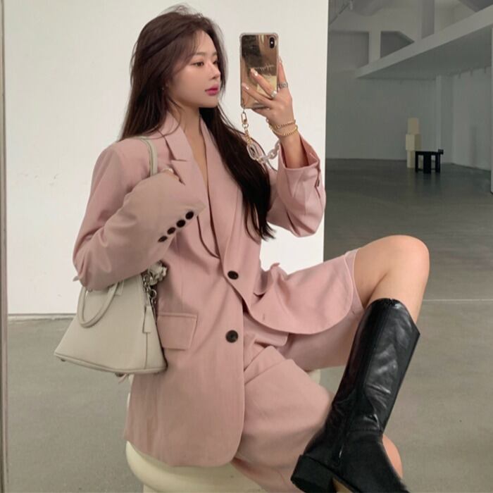 レディーススプリングルーズスタイルジャケット カラーシャツ ショーツ ピンク 春物 ブルマー ドラファッションホール27149933008