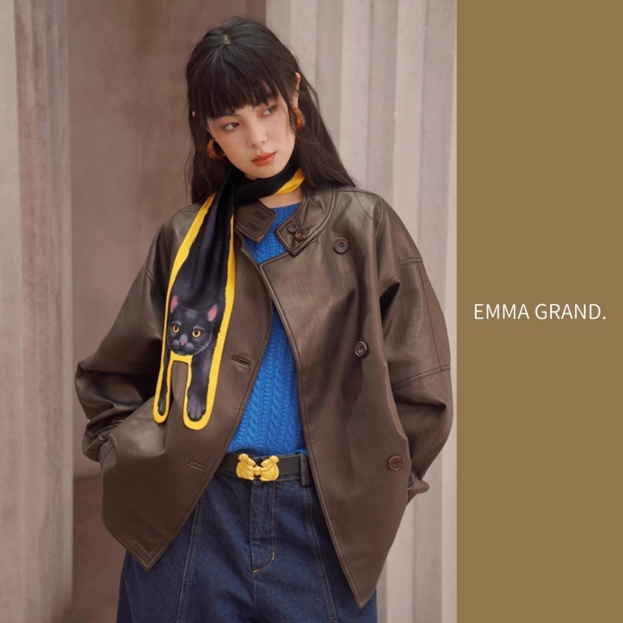 木の実を分かち合う森のリス ゴールドバックルレザーベルト　E00642