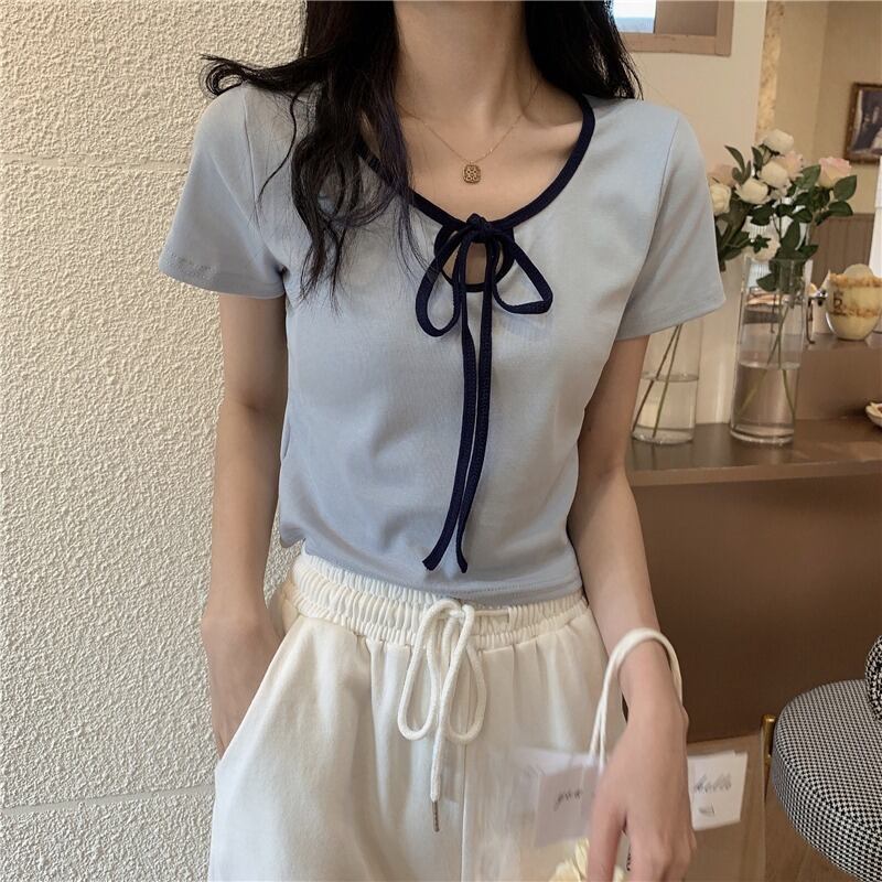 カラーレースショートサマースリムブラックTシャツ レッドトップス 夏物 YY-ファッション9689385419