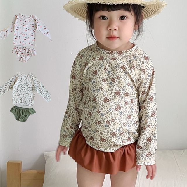 ,キッズ女の子UPF50⁺セパレート水着　長袖ラッシュガード　上下セット　帽子付き　速乾　夏海プール水遊び