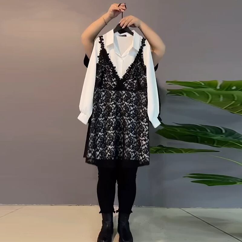 スプリングロングシャツ レースドレス 大きめサイズ 春物 ミックスインファッション21659315853