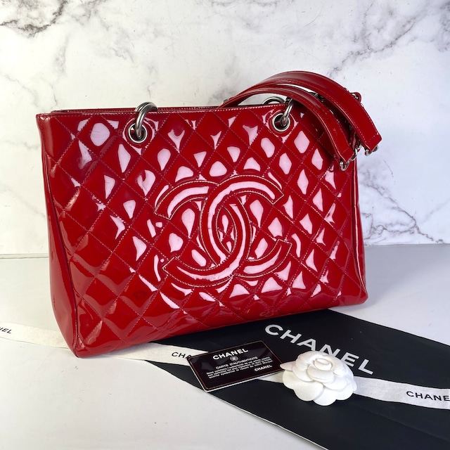 【最終処分SALE】CHANEL シャネル ココマーク GST エナメル/パテントレザー トートバッグ レッド A-7547