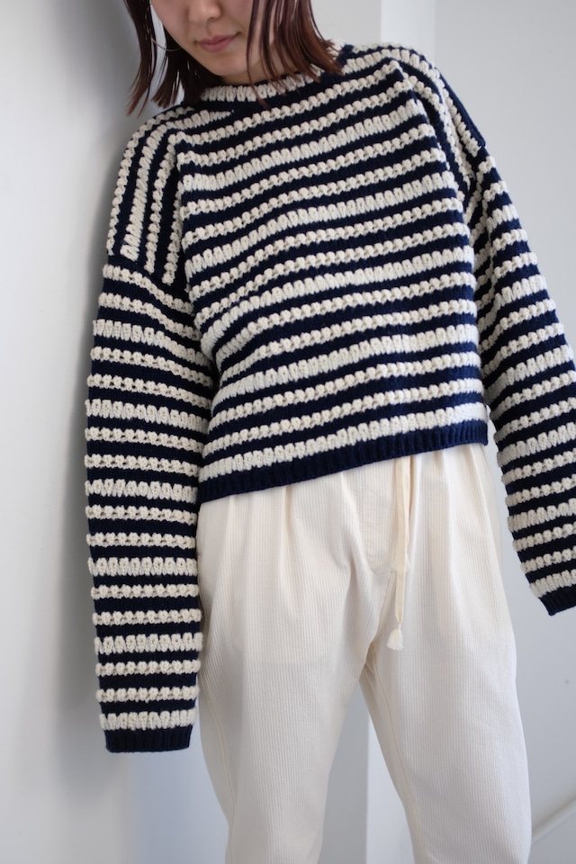 [CURRENTAGE]multi border knit white×navy