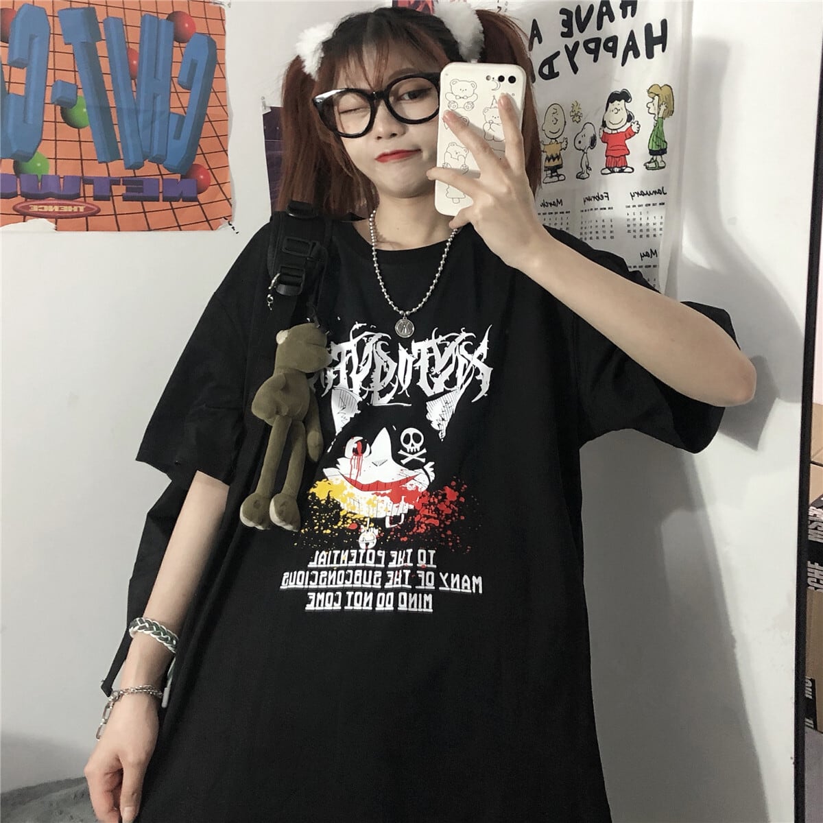 送料無料】KOREA ダークプリントルーズTシャツ メンズレディース