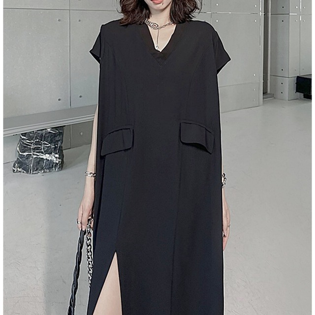 French sleeve v-neck slit dress C0231