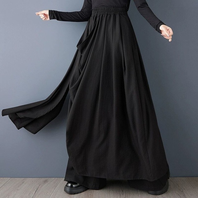 BLACK ELASTIC WAIST A-LINE LAYERED WIDE LEG PANTS 1color M-15185