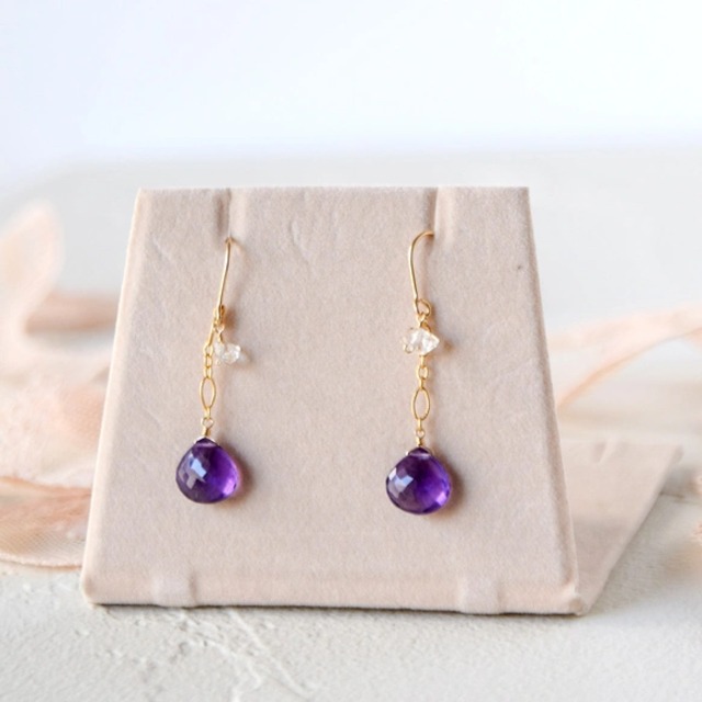 紫雫（しずく） ― 極上カット アメジスト マロンシェイプピアス14kgf