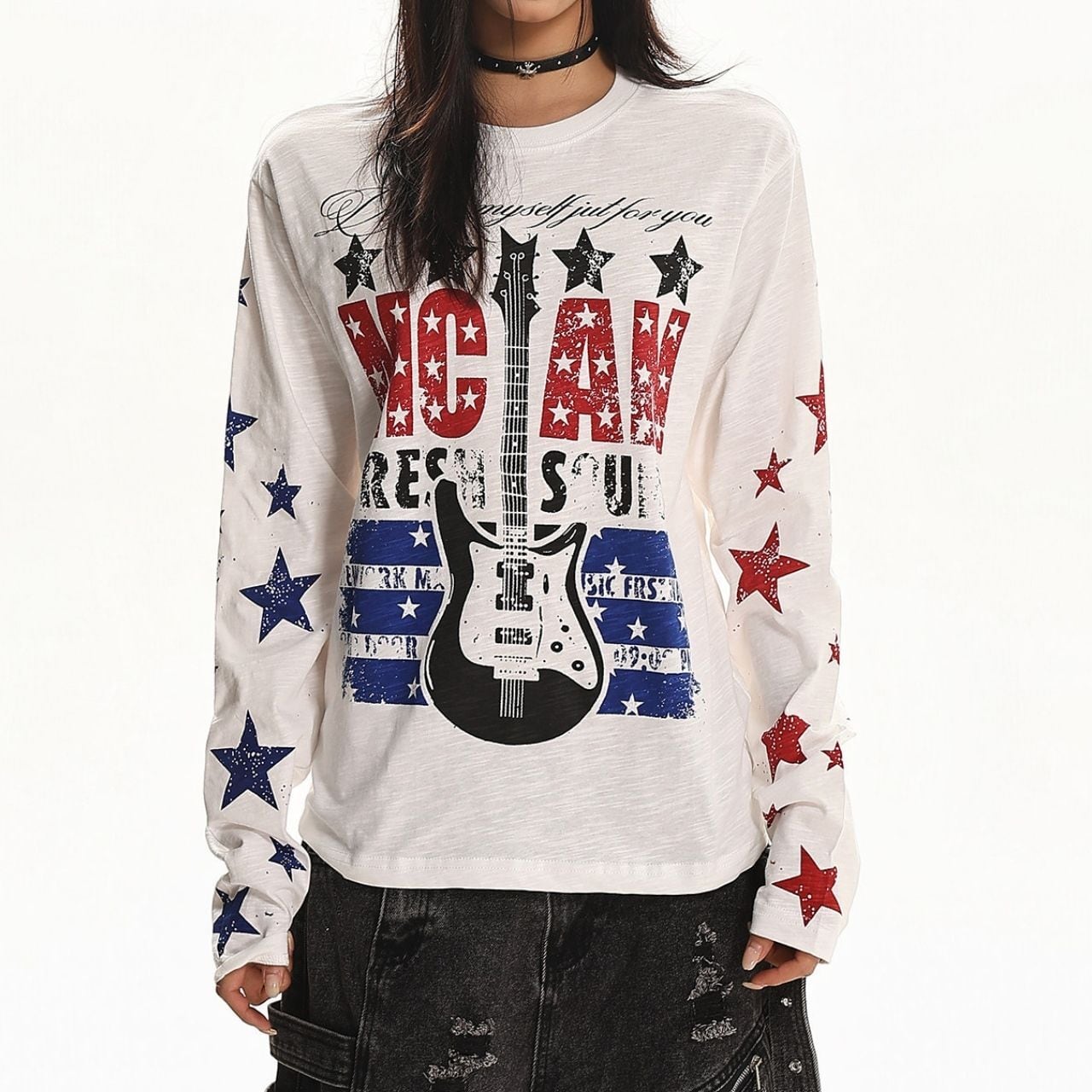 ギターグラフィックスタープリントロングTシャツ 1col R02674