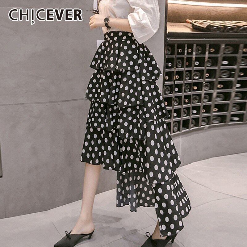 CHICEVER春の不規則なドットプリントスカートシフォンスカート女性弾性ウエストミッドカーフスカート2020 エラスティック 伸縮 スプリング 春物 6base573381149737