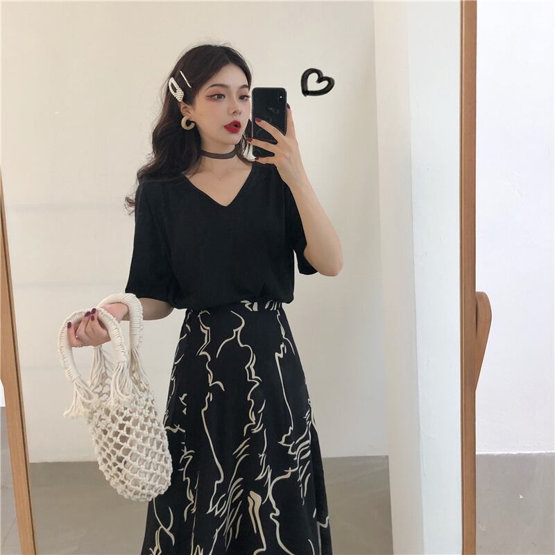 カラーTシャツ プリント柄ハイウェストスカート ピュア クレセントシティ48593869396