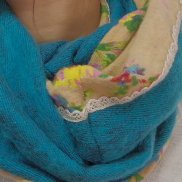 花柄と無地の起毛スヌード 黄色/ターコイズ ネックウォーマー | SiSawat