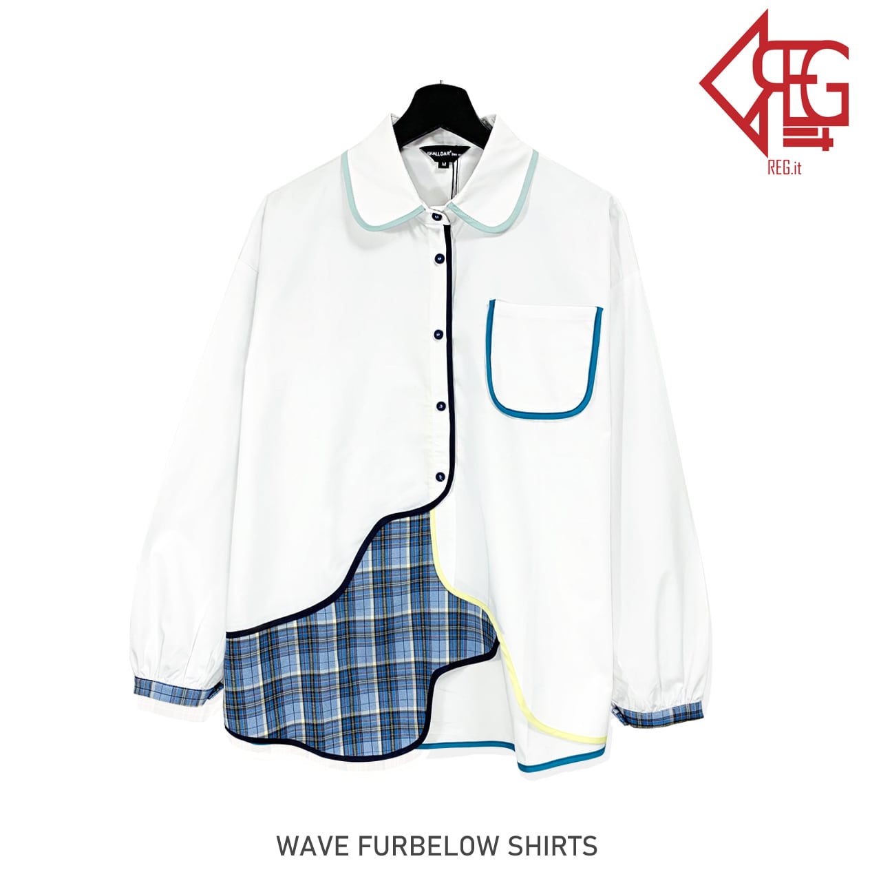 Regit 即納 Wave Furbelow Shirts 韓国ファッション ユニーク 個性的 シャツ ユニークなシャツ 白シャツ チェックポイントシャツ おしゃれ Regit