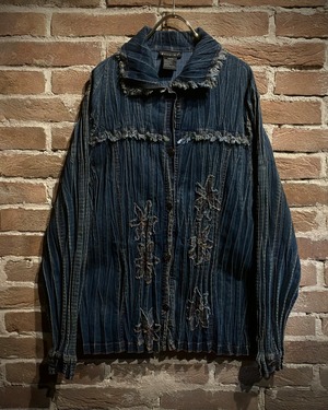 【Caka act3】Flower Patch Design Pleats Denim Shirt Jacket