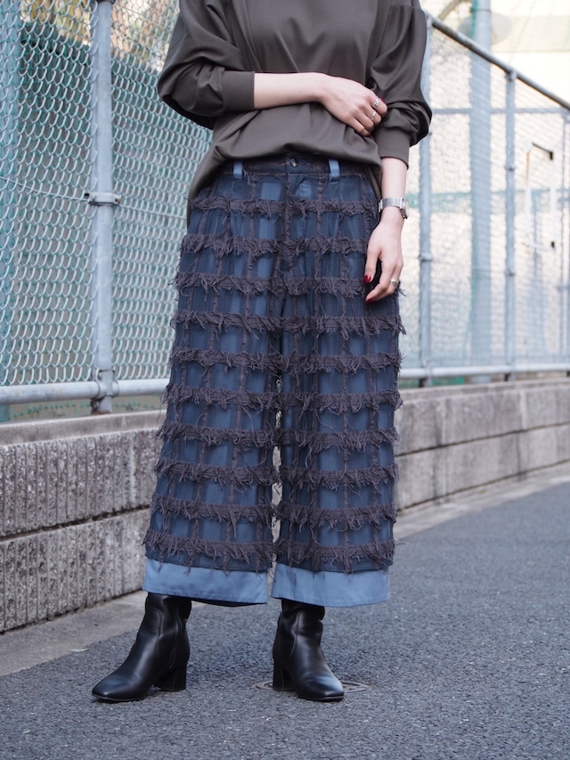 RYU　fringe checked lace 4/5 wide pants　blue grey【ryu-s2221】