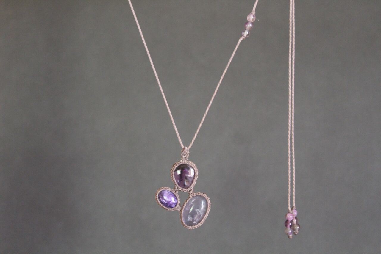 Fluorite & Charoite & Amethyst micro macrame pendant