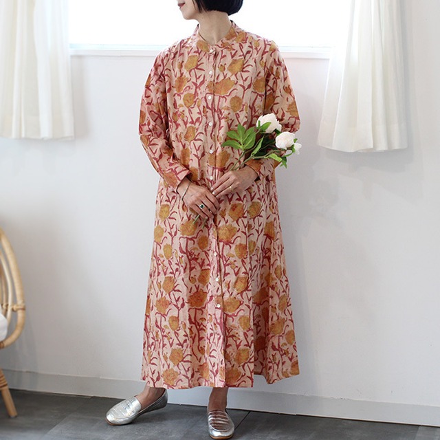 バグルーブロックプリント前開きシャツワンピース【ダスティローズ・花柄】