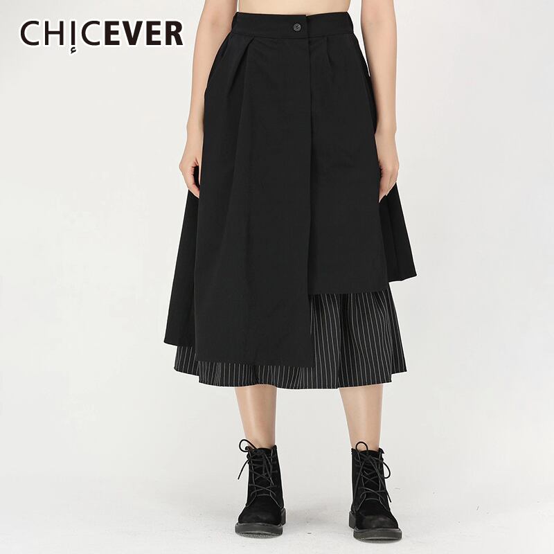 CHICEVERパッチワークストライプスカートレディースウエストフリル特大ヒットカラーAラインスカート2020タイド ラッフル 6base550063208916