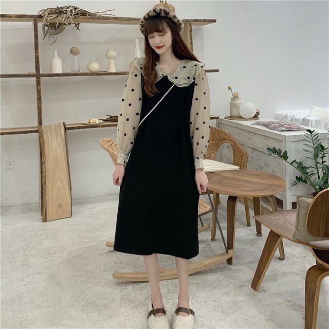 レディース ワンピース 秋 冬 ドットワンピース 長袖 襟付き パフスリーブ 袖コンシャス ドット ひざ丈 レトロ クラシカル シック ガーリー 大人ガーリー フェミニン きれいめカジュアル カジュアル 秋冬 Mサイズ Lサイズ Uki Uki