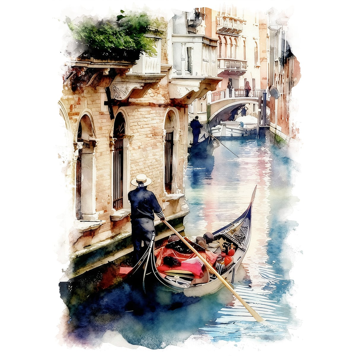 絵画 風景画(街並み) イタリア ヴェネツィアの運河とゴンドリエーレ