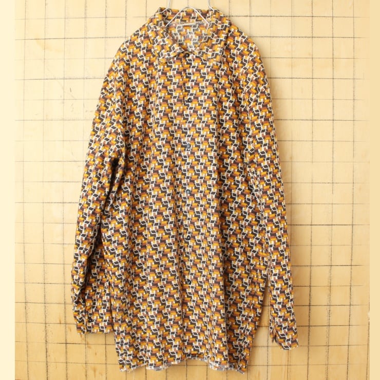 60s 70s EURO permaflott 総柄 シャツ メンズL相当 ブラウン 長袖