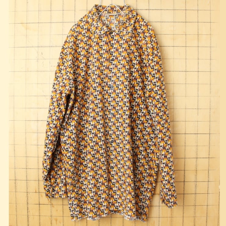 60s 70s EURO 総柄 シャツ メンズM相当 ブラウン 長袖 ss141