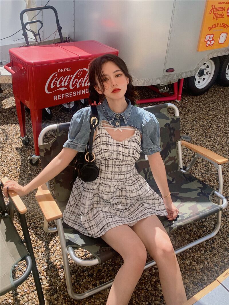 サマースリーブウェスト薄手格子柄ドレス Aラインスカート 夏物 モンロー79590486157