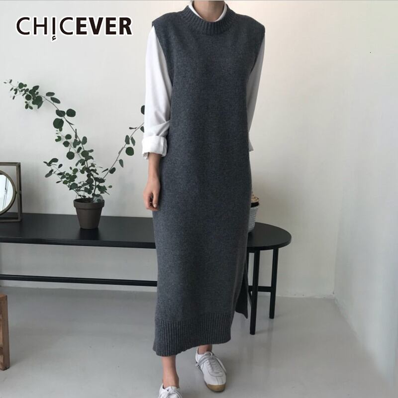 CHICEVERヴィンテージドレス女性Oネックロングノースリーブ編み物特大ストレート厚手のドレス2020秋 長袖 オータム 秋物 ビンテージ 6base530840263395
