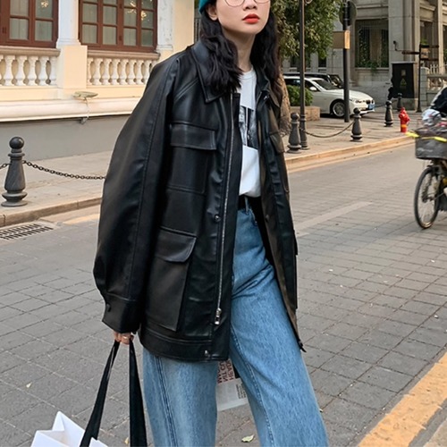 Black Leather Jacket, Retro Style, Popular Korean Style (NC156)