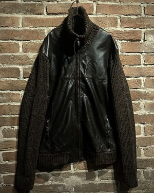 【Caka act3】Leather × Knit Switching Design Vintage Drivers Knit Jacket