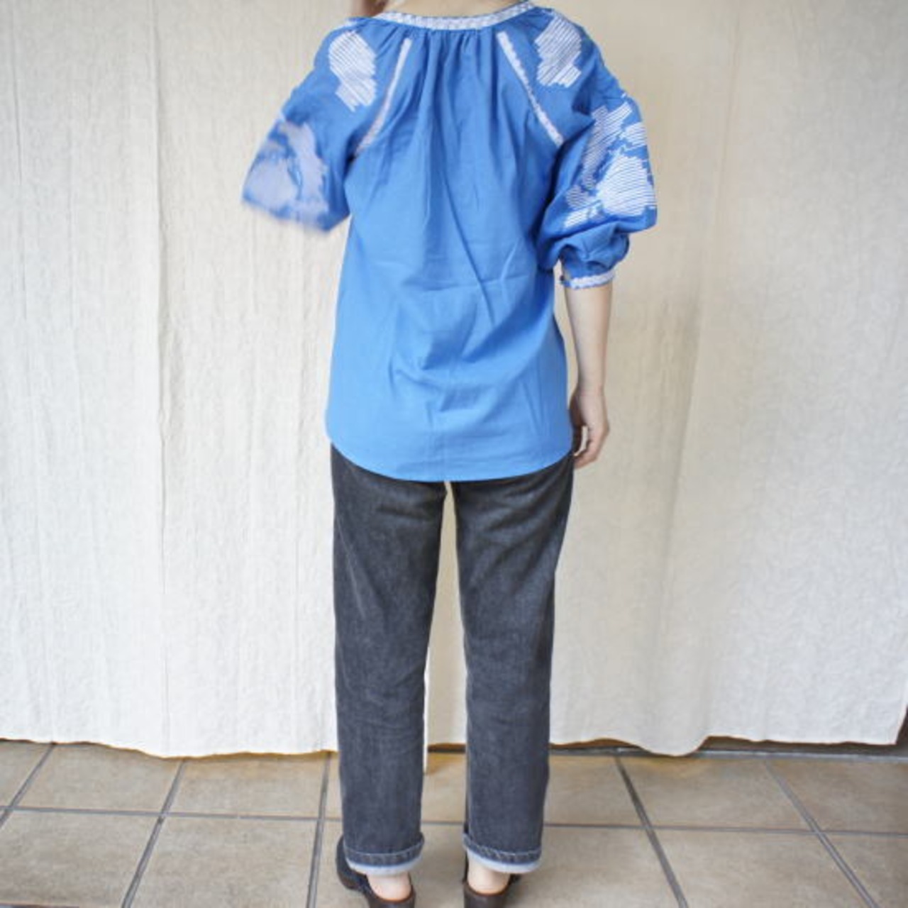 Topanga Fashion エンブロイダリーカフタンブラウス　ブルー【SALE】