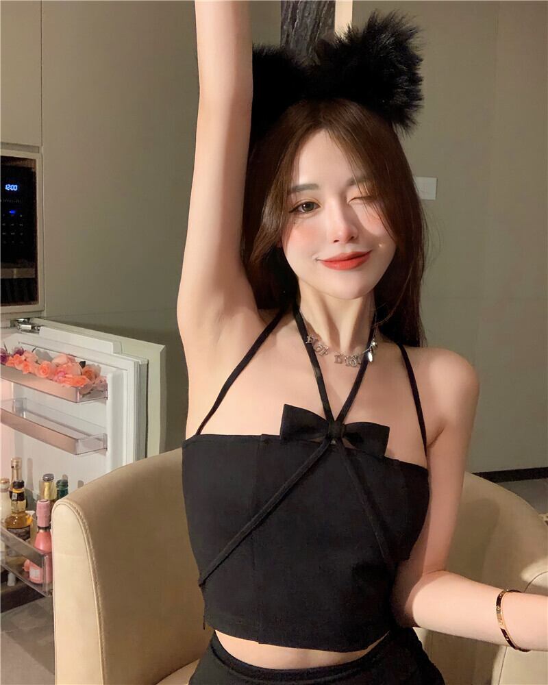 ホルターサマーブラックシャツ トップス 大人ガーリー スウィート キュート カジュアル 夏物 ブラックストロベリース71238793532