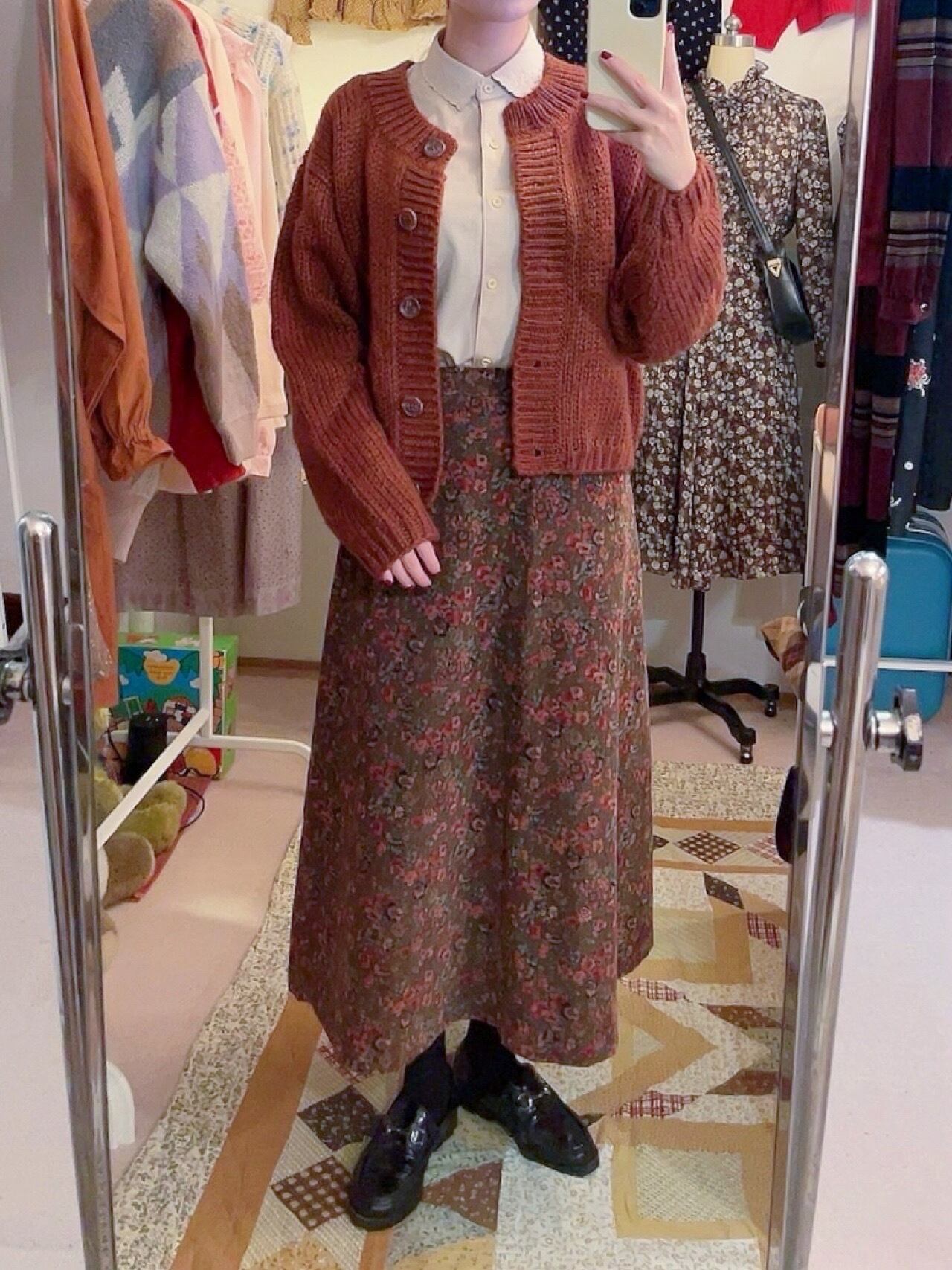 dark brown flower corduroy skirt