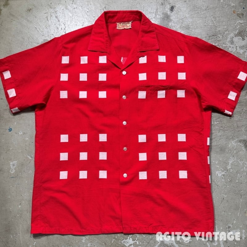 60's McGREGOR マクレガー オープンカラーシャツ ブロック織柄 開襟 レッド/ホワイト 襟芯 MLサイズ 希少 ヴィンテージ BA-2809 RM3230H