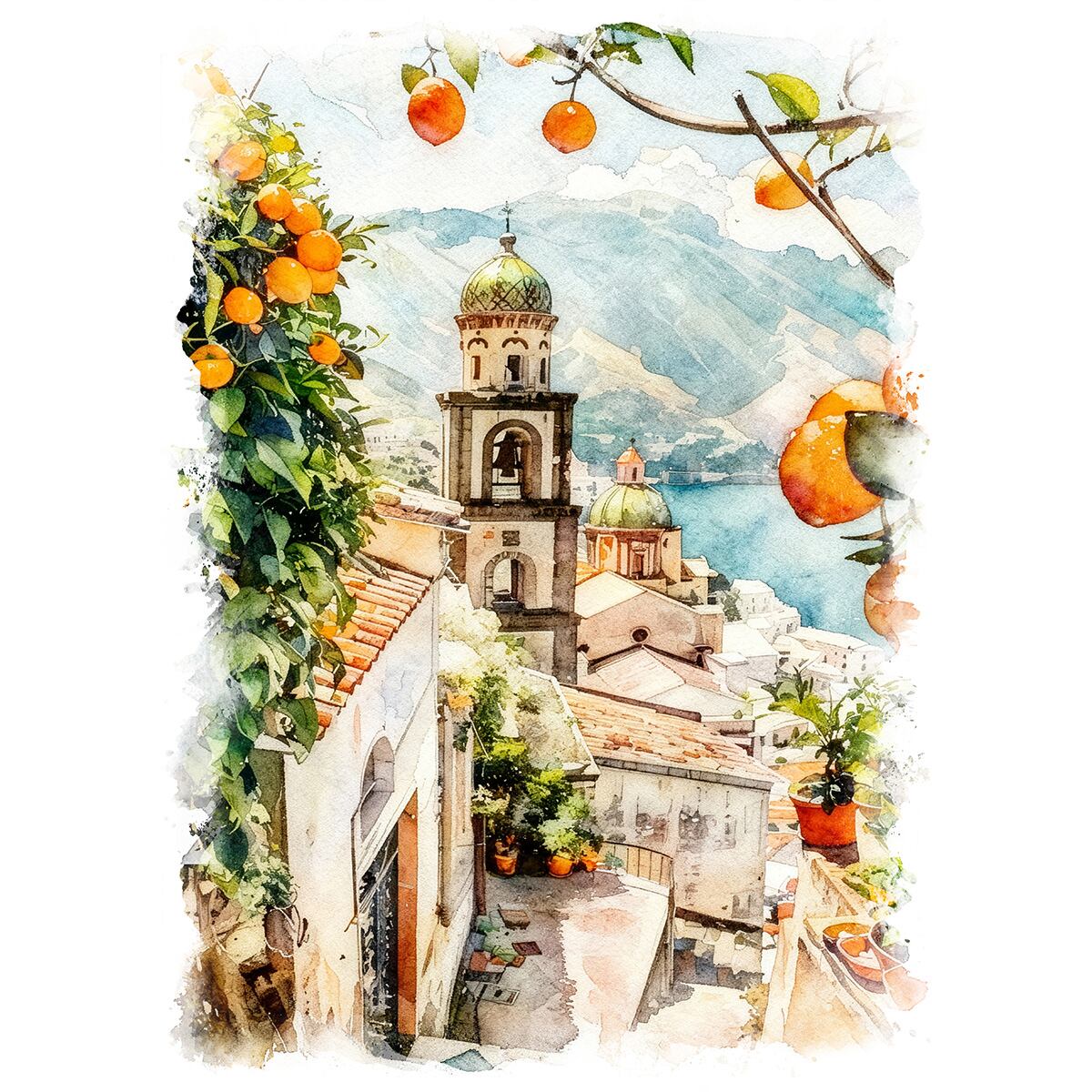 絵画 風景画(街並み)イタリア アマルフィ海岸 ラヴェッロ のドゥオーモ(大聖堂) インテリアアート額付き 水彩画・油絵風 WAT1393