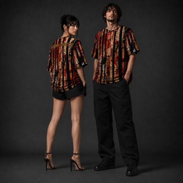 和紋様装飾ストライプ　レッド　和柄ユニセックス 180G Performance Tシャツ