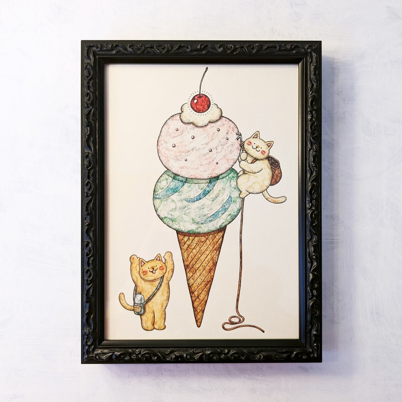 アイスクリームコーン猫イラストスケートボード 2L 猫とアイスクリーム アートプリント/イラスト複製画 | Cashew fafa