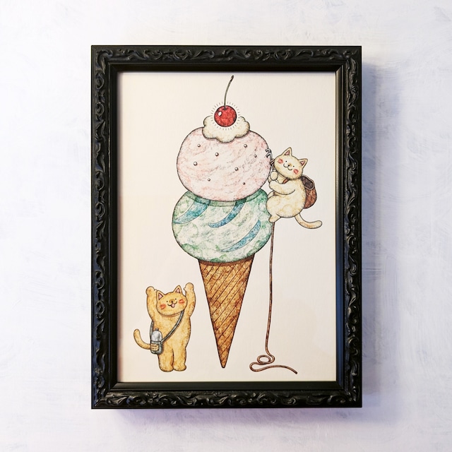 2L 猫とアイスクリーム アートプリント/イラスト複製画