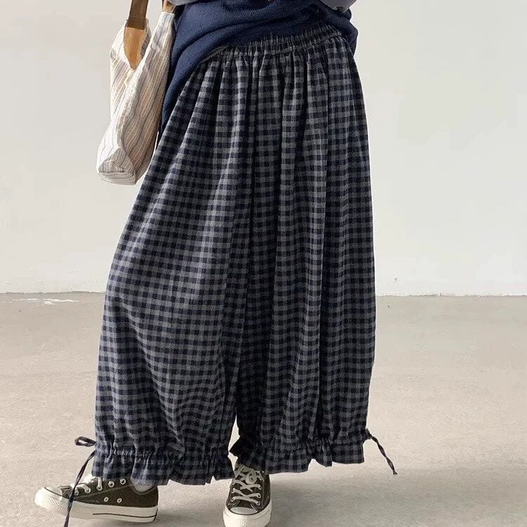 CHECKERED ELASTIC WAIST WIDE LEG LANTERN PANTS 1color M-14951