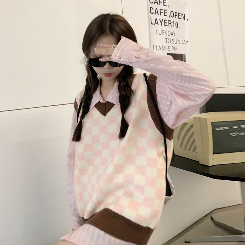 格子柄ニットレディーススプリングオータムスタイルセーター 春物 秋物 萌量不足88704738139