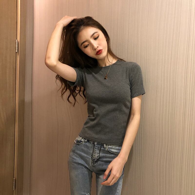 ラウンドネックドレス サマースリムトップス グレーTシャツ 夏物 Oネック 試着室37726663416